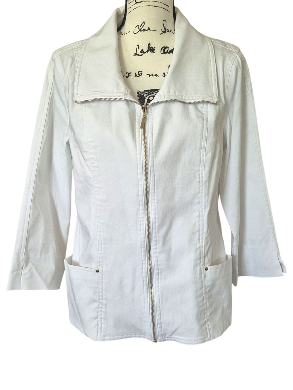 White Stretch Zip Front Jacket 12 3/4 Sleeve Nautical Golf Resort Coastal Tennis - Picture 2 of 8